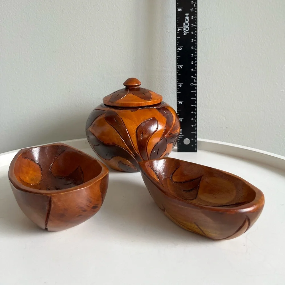 Handcrafted Wooden Lidded Round Bowl And Two Smaller Bowls Art Set Brown Vintage